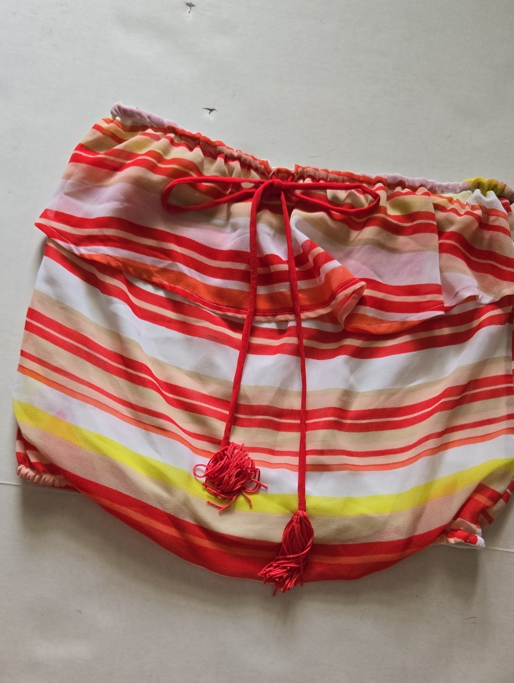 bebe Red/Yellow/Orange/Tan/White Striped Strapless Top, XXS.